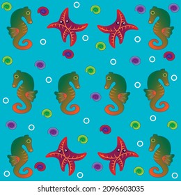 A seamless pattern with seahorses and starfish.