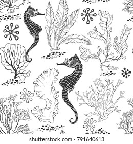 Seamless pattern with seahorses and underwater plants on a white background. Black and white vector illustration.