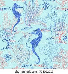 Seamless pattern with seahorses and underwater plants.Vector illustration.