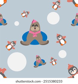 Patrón sin fisuras. Una foca y un pingüino con sombreros y bufandas. Un patrón de dibujos animados.