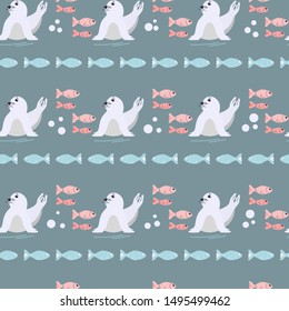 Seamless pattern with seal pups and fish. Vector illustration of sitting seal animal in a flat style. Design element for textile print, wallpaper, wrapping paper, web background.