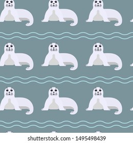 Seamless pattern with seal pups and waves. Vector illustration of sitting seal animal in a flat style. Design element for textile print, wallpaper, wrapping paper, web background.