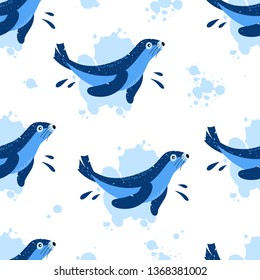 Seamless pattern of seal. Vector hand drawn illustration. Sea animals. 