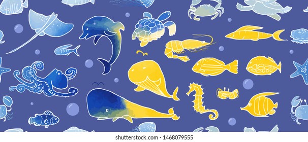 Seamless pattern from sealife ink doodles with watercolor texture. Underwater animals and fish. Vector stock set. Cute icons. Can be used for printed materials. Hand drawn background. Illustration.