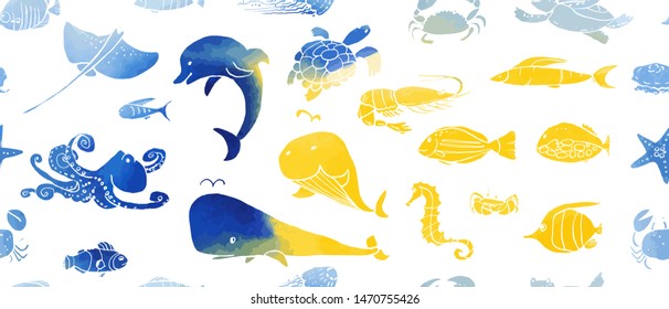 Seamless pattern from sealife ink doodles with watercolor texture. Underwater animals and fish. Vector stock set. Cute icons. Can be used for printed materials. Hand drawn background. Illustration.