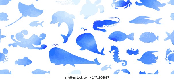 Seamless pattern from sealife ink doodles with watercolor texture. Underwater animals and fish. Vector stock set. Cute icons. Can be used for printed materials. Hand drawn background. Illustration.
