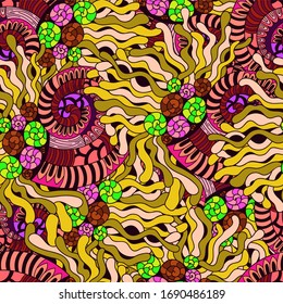 Seamless pattern with sealife motiv. Shell and coral reefs. Doodle style. Vector illustration. 