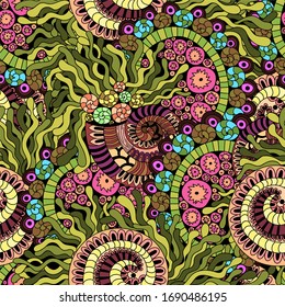 Seamless pattern with sealife motiv. Shell and coral reefs. Doodle style. Vector illustration. 