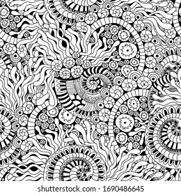 Seamless pattern with sealife motiv. Shell and coral reefs. Adult coloring, antistress. Doodle style. Vector illustration. 