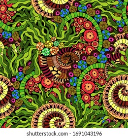 Seamless pattern with sealife motiv. Unterwater life, shell and coral. Doodle style. Vector illustration 