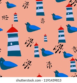 seamless pattern sealife seagull and lighthouse vector illustration