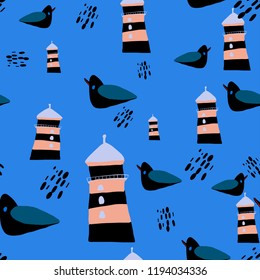 seamless pattern sealife seagull and lighthouse vector illustration