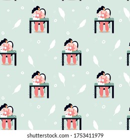 Seamless pattern with seamstress making clothes. Cartoon character