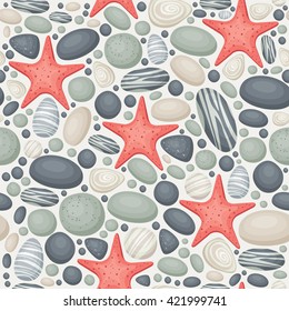 Seamless pattern with sea/river/ocean stones and sea stars. Vector background. Eps 10.