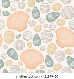 Seamless pattern with sea/river/ocean stones and seashells. Vector background