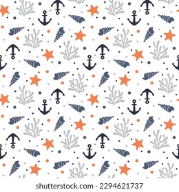seamless pattern with seashell, anchor, starfish and underwater bubbles 