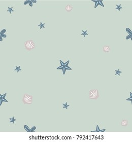 Seamless pattern with seashell ans starfish on white. Repeating background. Vector Illustration
