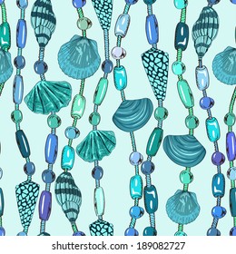 Seamless pattern of seashell and beads jewelry 