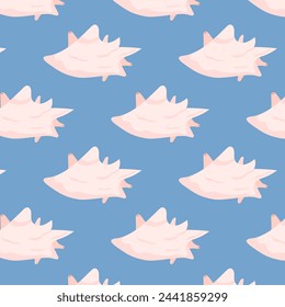 Seamless pattern with seashell on blue background. Marine Underwater shellfish design print. Vector illustration