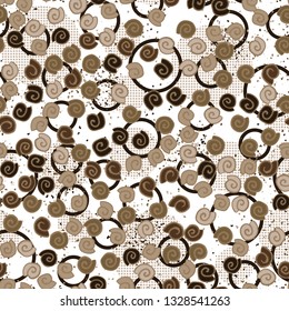 Seamless pattern. Seashell scattering. 
Background consisting of chaos checkered circles and rings.