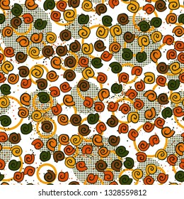 Seamless pattern. Seashell scattering. 
Background consisting of chaos checkered circles and rings.