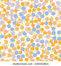 Seamless pattern. Seashell scattering. 
The background consists of pentagons and four-pointed stars.
