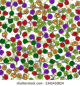 Seamless pattern. Seashell scattering. 
The background consists of pentagons and four-pointed stars.