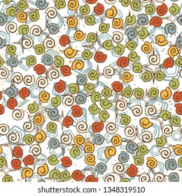 Seamless pattern. Seashell scattering. 
The background consists of pentagons and four-pointed stars.