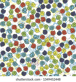 Seamless pattern. Seashell scattering. 
The background consists of pentagons and four-pointed stars.