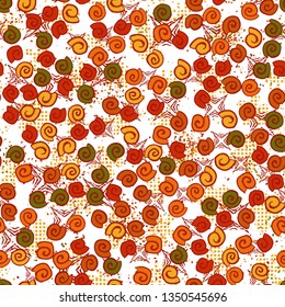 Seamless pattern. Seashell scattering. 
The background consists of four-beam shapes and checkered blots.