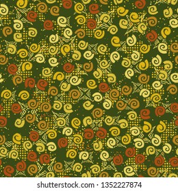Seamless pattern. Seashell scattering. 
The background consists of four-beam shapes and checkered blots.