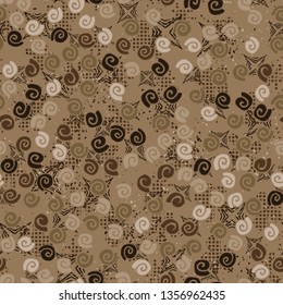 Seamless pattern. Seashell scattering. 
The background consists of four-beam shapes and checkered blots.