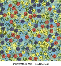 Seamless pattern. Seashell scattering. 
The background consists of square suns.