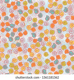 Seamless pattern. Seashell scattering. 
The background consists of square suns.