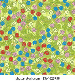 Seamless pattern. Seashell scattering. 
The background consists of rhombuses represented by wavy lines.