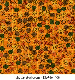 Seamless pattern. Seashell scattering. 
The background consists of an abstract lattice.