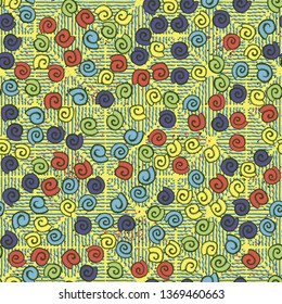 Seamless pattern. Seashell scattering. 
The background consists of rhombuses represented by wavy lines.