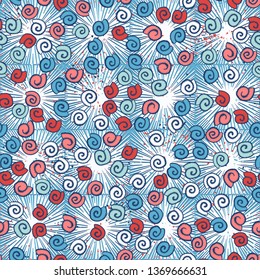 Seamless pattern. Seashell scattering. 
The background consists of square suns.