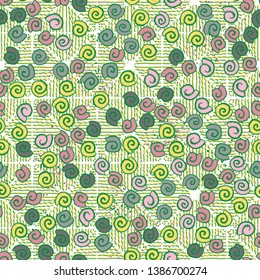 Seamless pattern. Seashell scattering. 
The background consists of rhombuses represented by wavy lines.