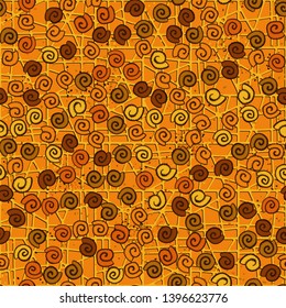 Seamless pattern. Seashell scattering. 
The background consists of an abstract lattice.
