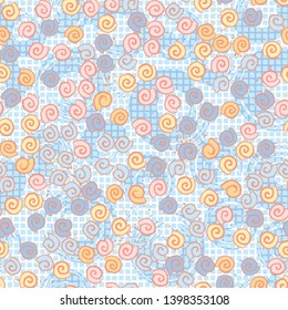 Seamless pattern. Seashell scattering. 
The background consists of a checkered grid and circles.
