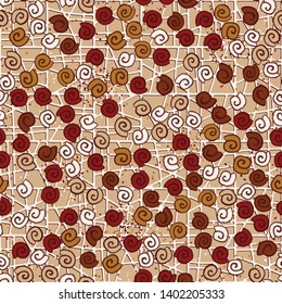 Seamless pattern. Seashell scattering. 
The background consists of an abstract lattice.