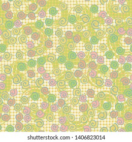 Seamless pattern. Seashell scattering. 
The background consists of a checkered grid and circles.