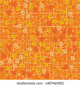 Seamless pattern. Seashell scattering. 
The background consists of an abstract lattice.