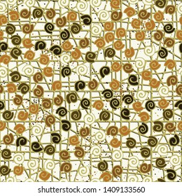 Seamless pattern. Seashell scattering. 
The background consists of an abstract lattice.