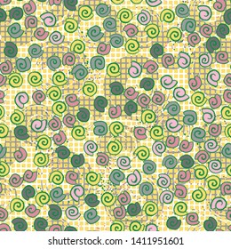 Seamless pattern. Seashell scattering. 
The background consists of a checkered grid and circles.