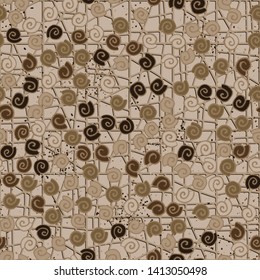 Seamless pattern. Seashell scattering. 
The background consists of an abstract lattice.