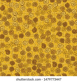 Seamless pattern. Seashell scattering. 
The background consists of an abstract lattice.