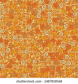 Seamless pattern. Seashell scattering. 
The background consists of an abstract lattice.