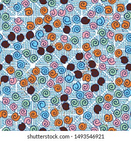 Seamless pattern. Seashell scattering. 
The background consists of rhombuses represented by wavy lines.